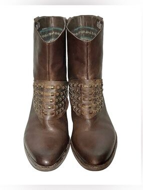 Reba Brown Buckle Leather Western Studded Ankle Boots with Stacked Heel, Size 9M